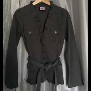 NWOT LA Kitty Grey Tie Waist Ruffled Jacket